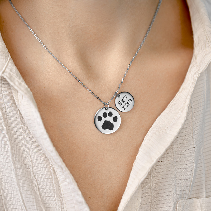 Personalised Engraved Paw-Print Necklace with Paw Charm