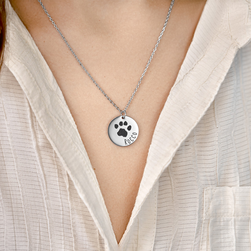 Personalised Engraved Paw-Print Necklace with front Text