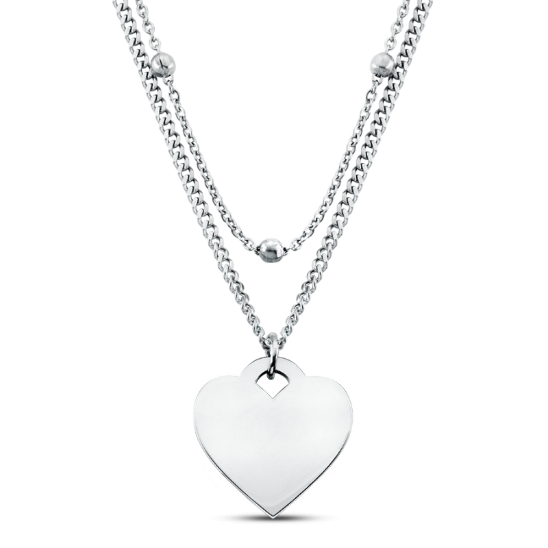 Heart Necklace with Layered Chain - Silver - 60