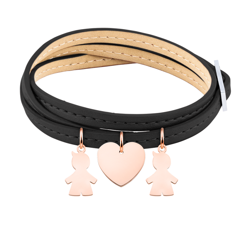 Personalised Multi-Sons Bracelet in Black Leather - Rosegold - 61