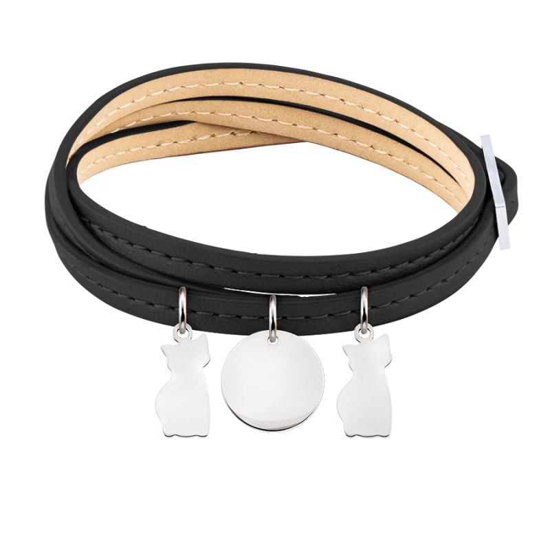 Personalised Multi-Cats Bracelet in Black Leather - Silver - 60