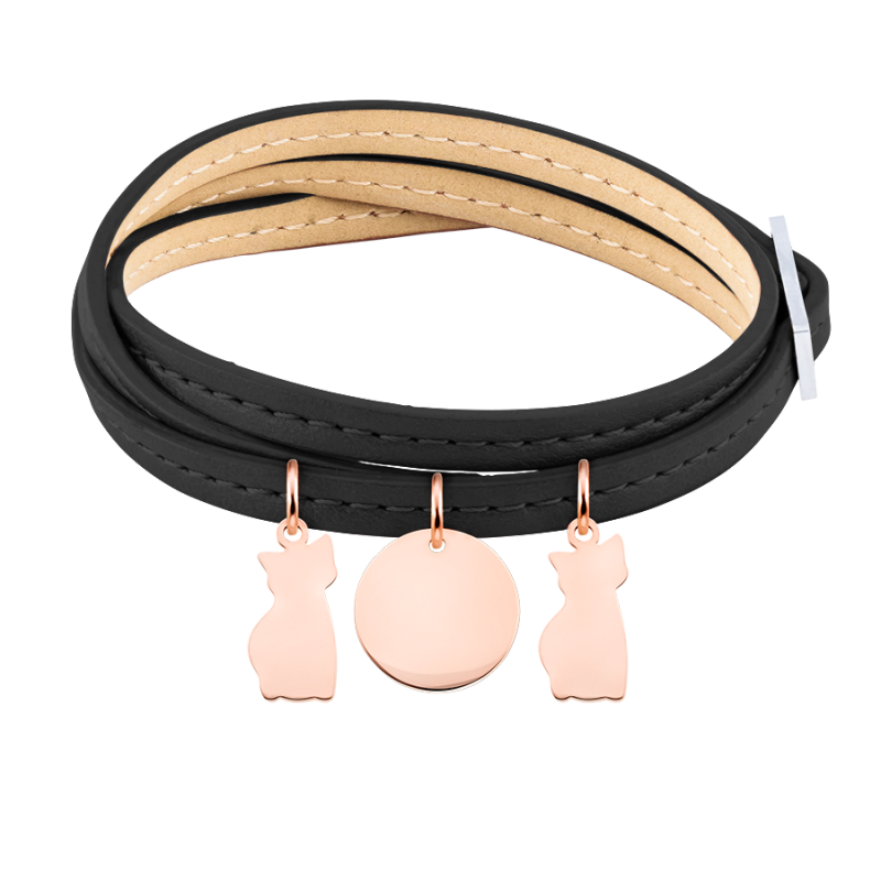 Personalised Multi-Cats Bracelet in Black Leather - Rosegold - 61