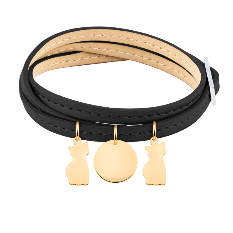 Personalised Multi-Cats Bracelet in Black Leather - Gold - 62