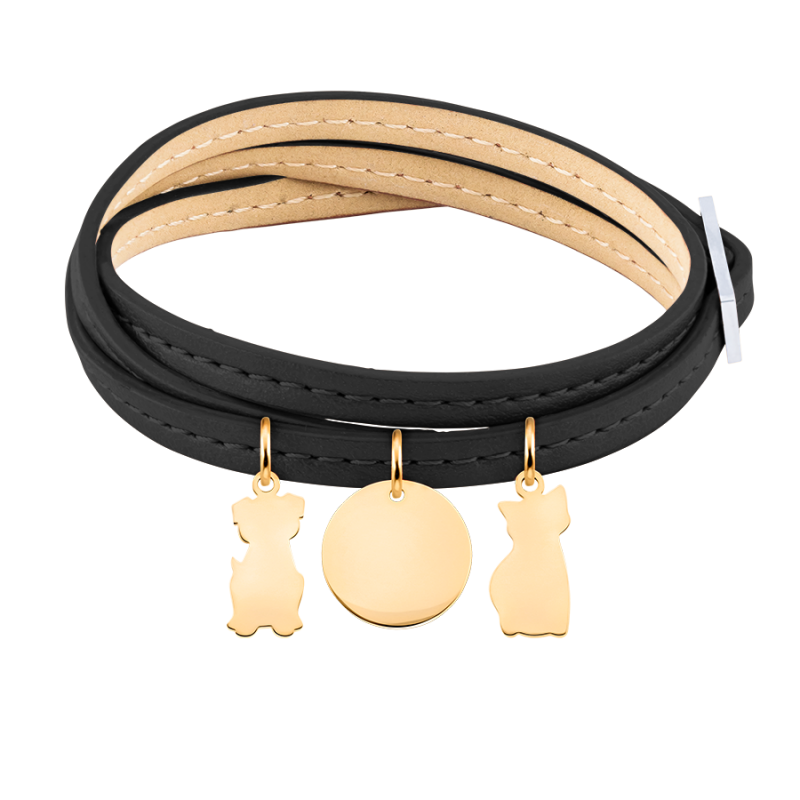 Personalised Dog and Cat Bracelet in Black Leather - Gold - 62