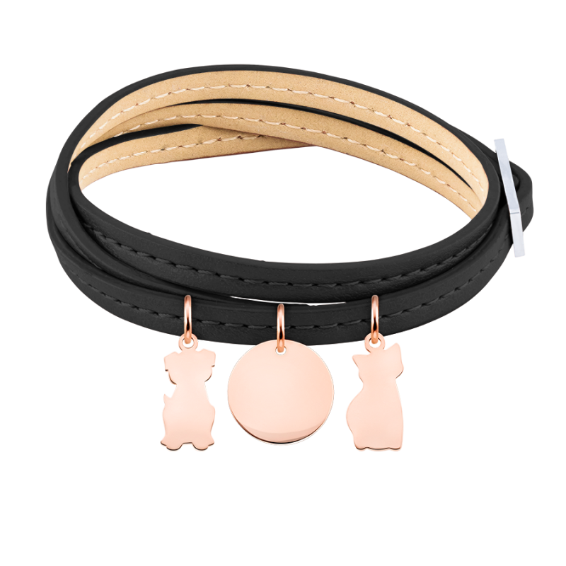 Personalised Dog and Cat Bracelet in Black Leather - Rosegold - 61