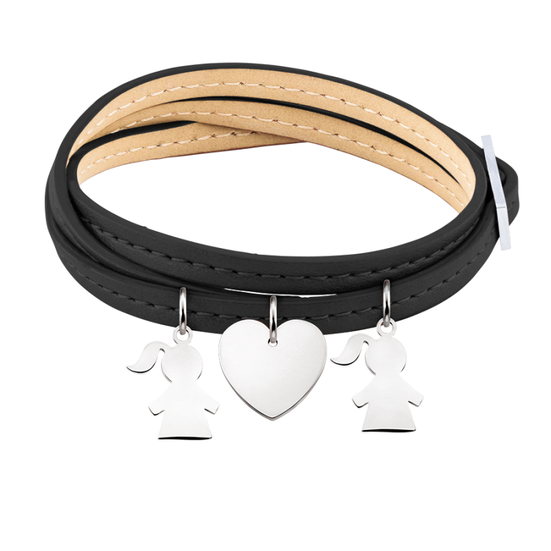 Personalised Multi-Daughters Bracelet in Black Leather - Silver - 60