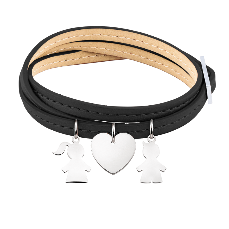 Personalised Son & Daughter Bracelet in Black Leather - Silver - 60