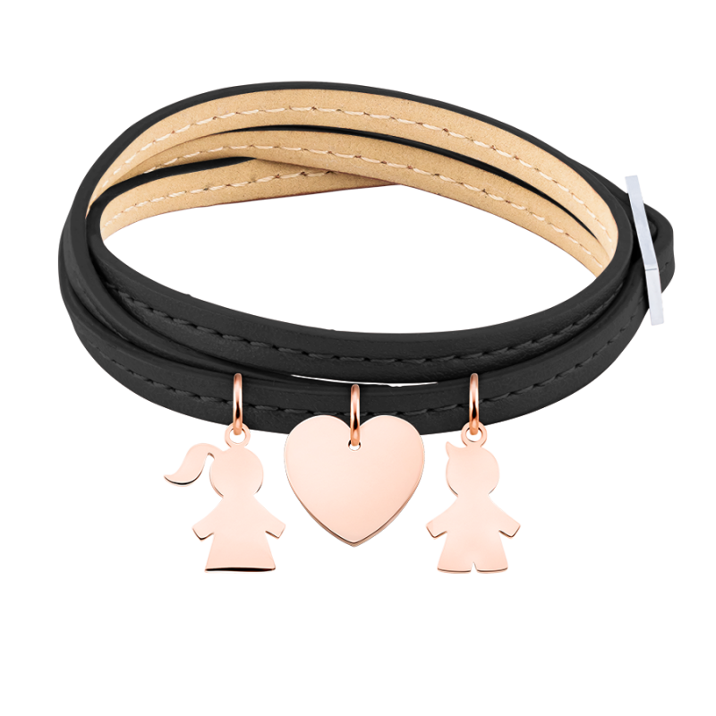 Personalised Son & Daughter Bracelet in Black Leather - Rosegold - 61