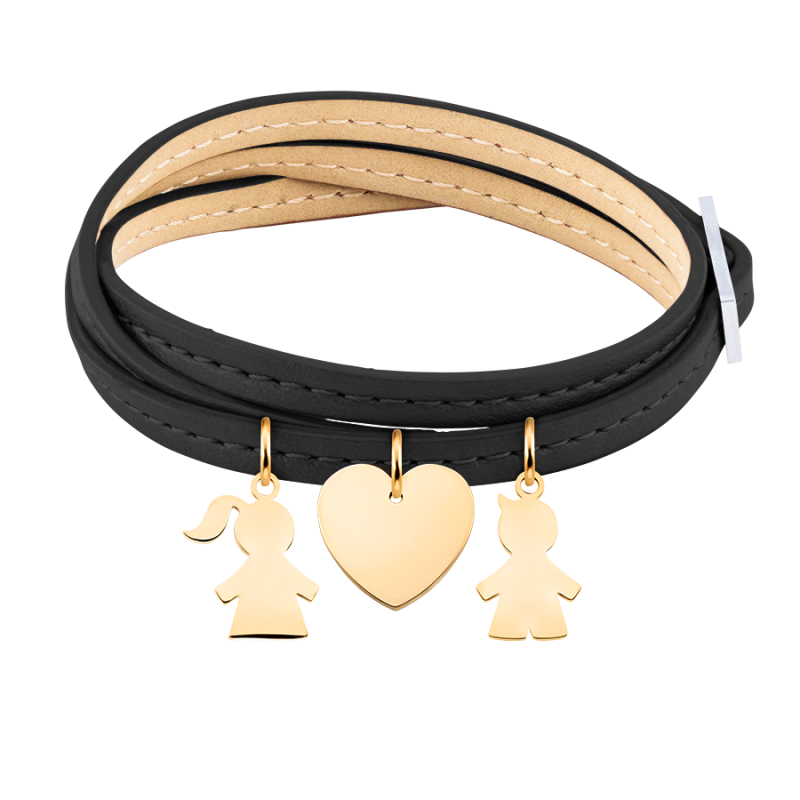 Personalised Son & Daughter Bracelet in Black Leather - Gold - 62