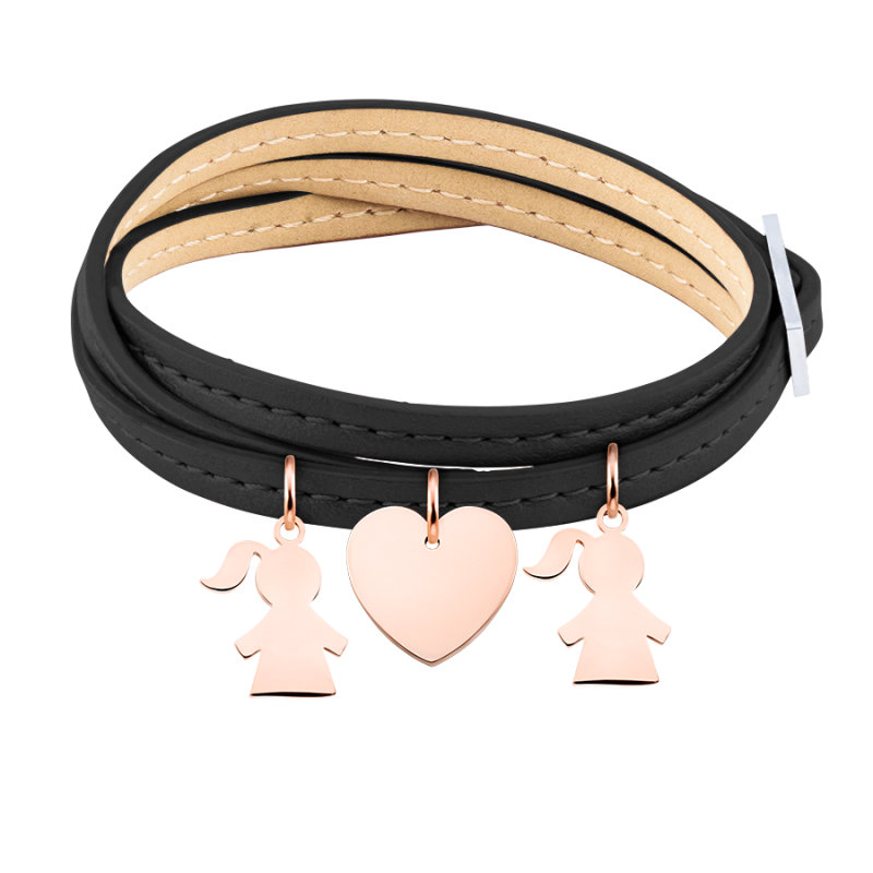 Personalised Multi-Daughters Bracelet in Black Leather - Rosegold - 61