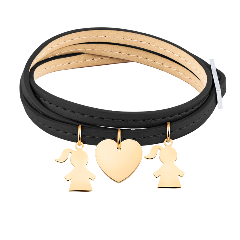 Personalised Multi-Daughters Bracelet in Black Leather - Gold - 62