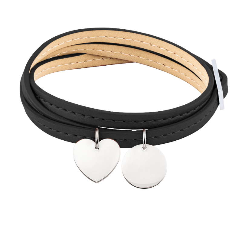 Personalised Heart & Circle Bracelet in Black Leather - Silver - 60