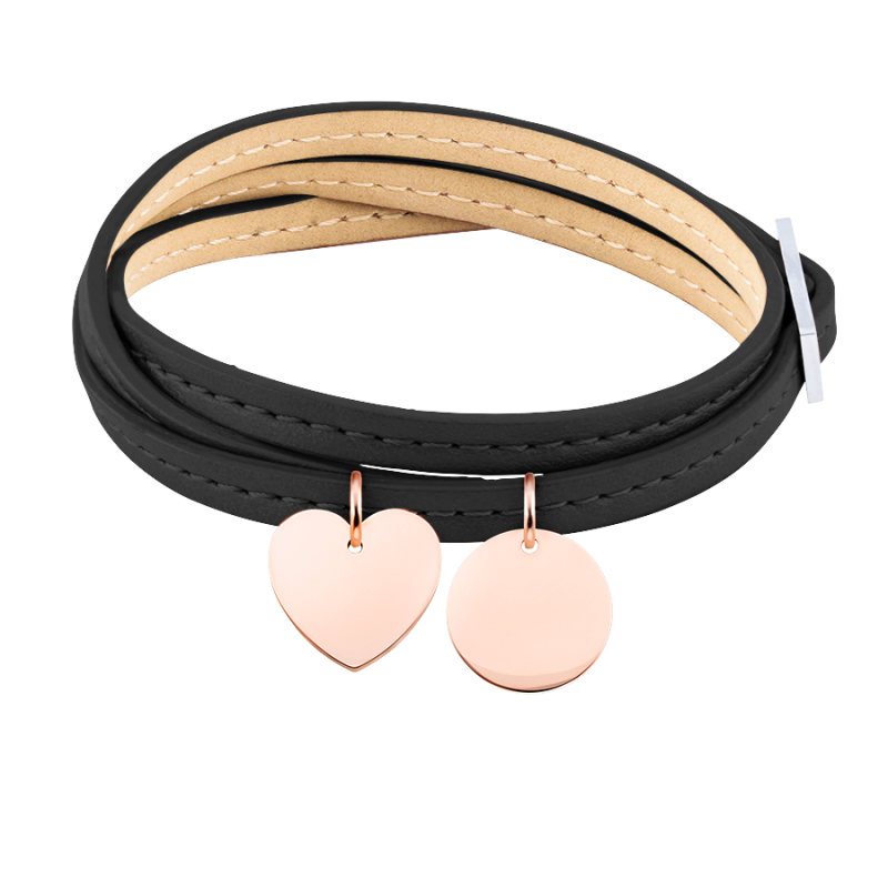 Personalised Heart & Circle Bracelet in Black Leather - Rosegold - 61