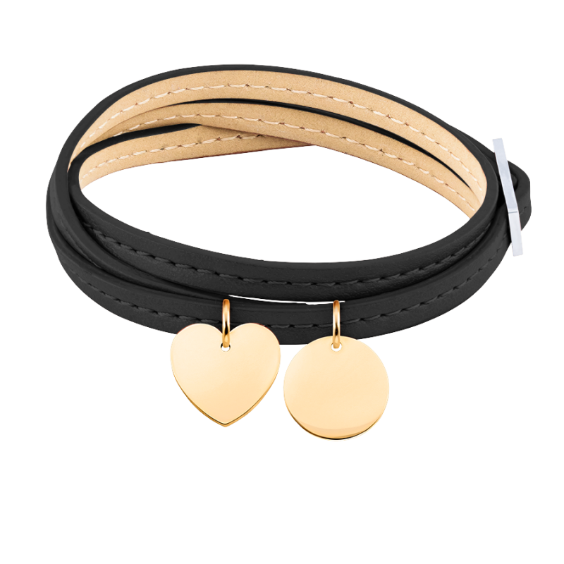 Personalised Heart & Circle Bracelet in Black Leather - Gold - 62