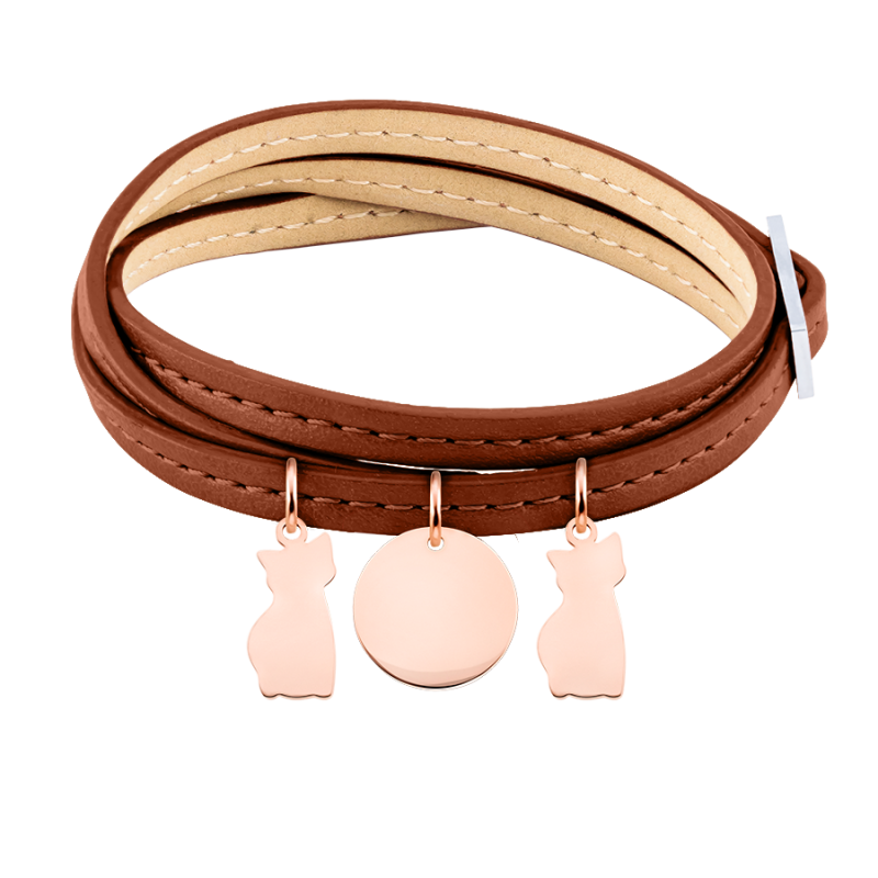 Personalised Multi-Cats Bracelet in Brown Leather - Rosegold - 61