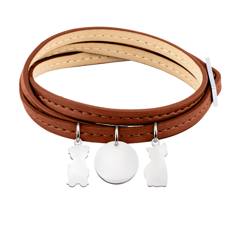 Personalised Dog and Cat Bracelet in Brown Leather - Silver - 60