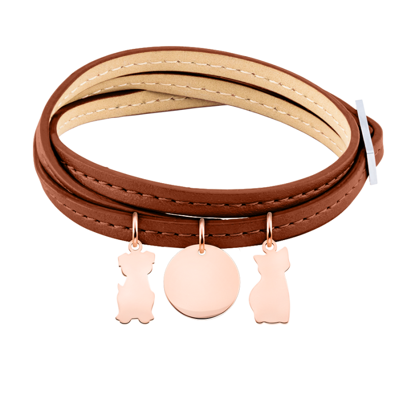 Personalised Dog and Cat Bracelet in Brown Leather - Rosegold - 61