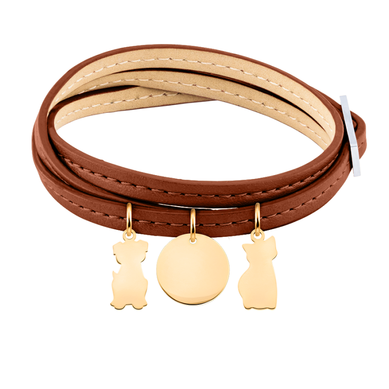 Personalised Dog and Cat Bracelet in Brown Leather - Gold - 62