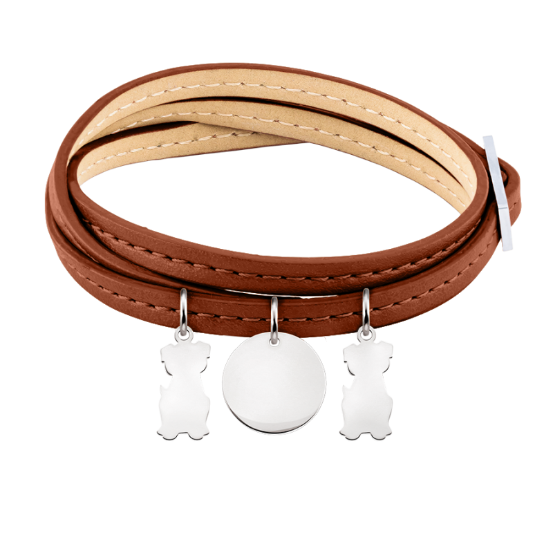 Personalised Multi-Dogs  Bracelet in Brown Leather - Silver - 60