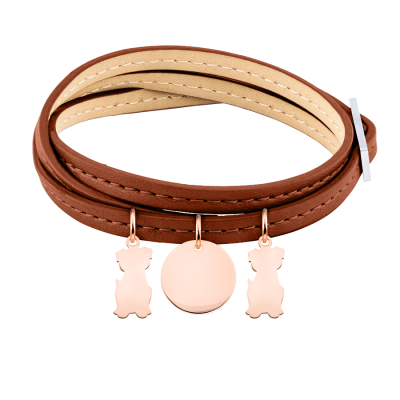 Personalised Multi-Dogs  Bracelet in Brown Leather - Rosegold - 61