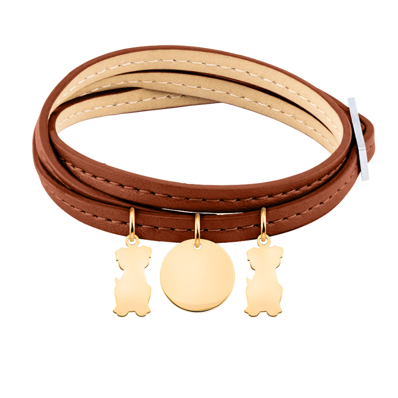 Personalised Multi-Dogs  Bracelet in Brown Leather - Gold - 62