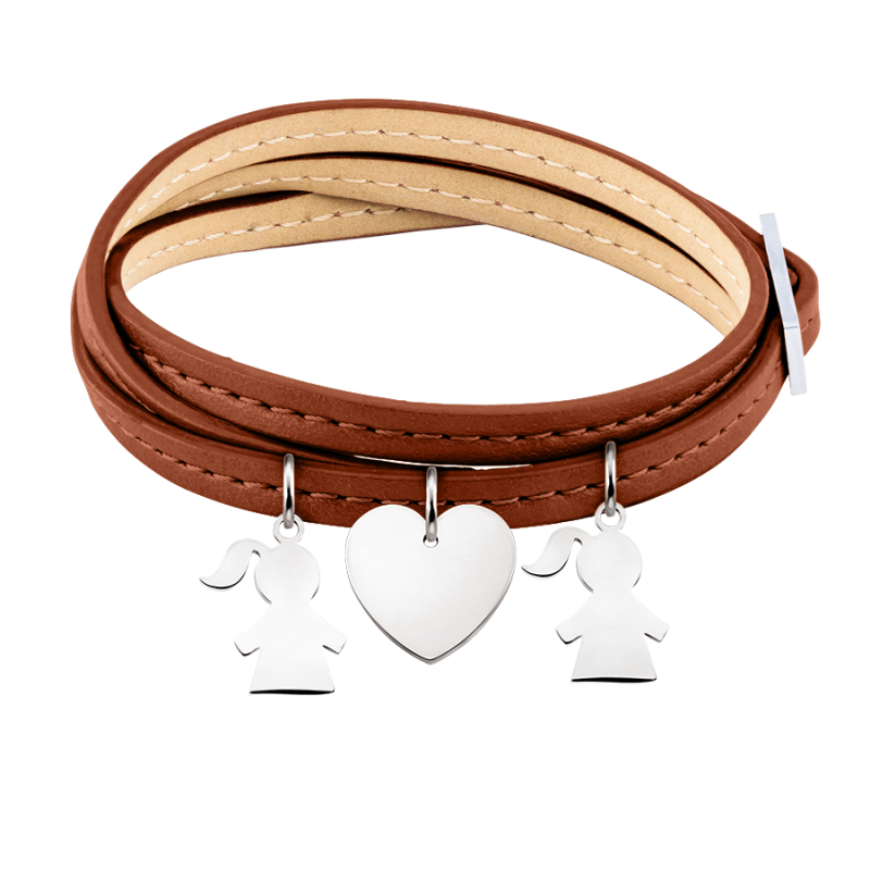 Personalised Multi-Daughters Bracelet in Brown Leather - Silver - 60