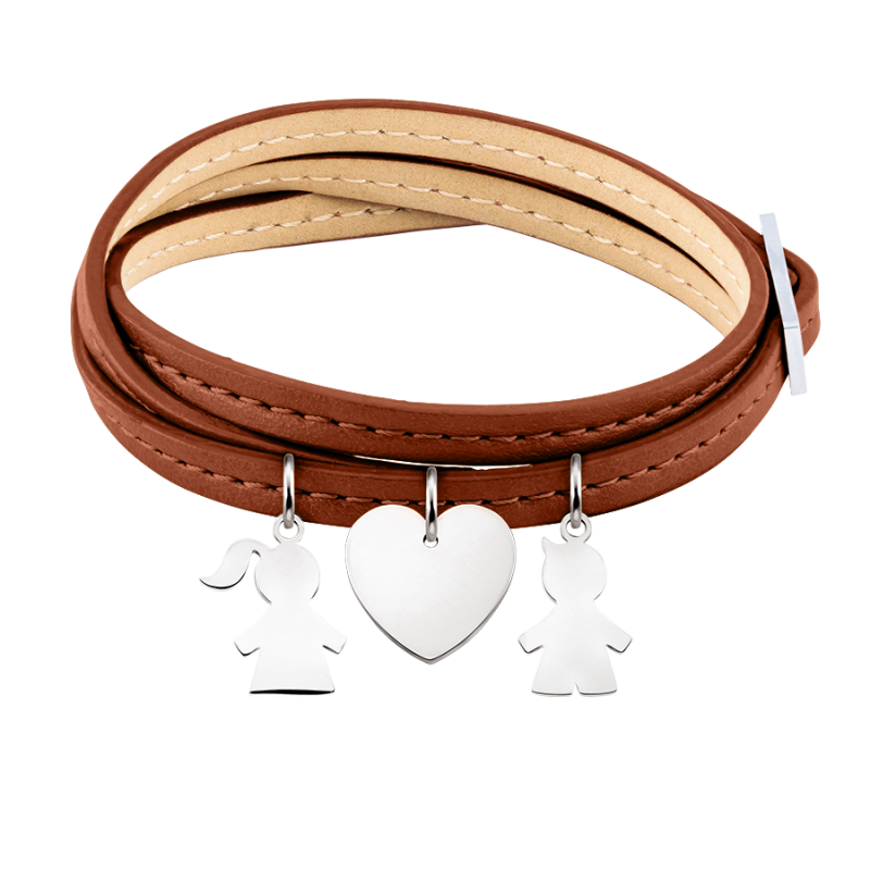 Personalised Son & Daughter Bracelet in Brown Leather - Silver - 60