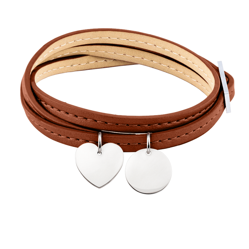 Personalised Heart & Circle Bracelet in Brown Leather - Silver - 60