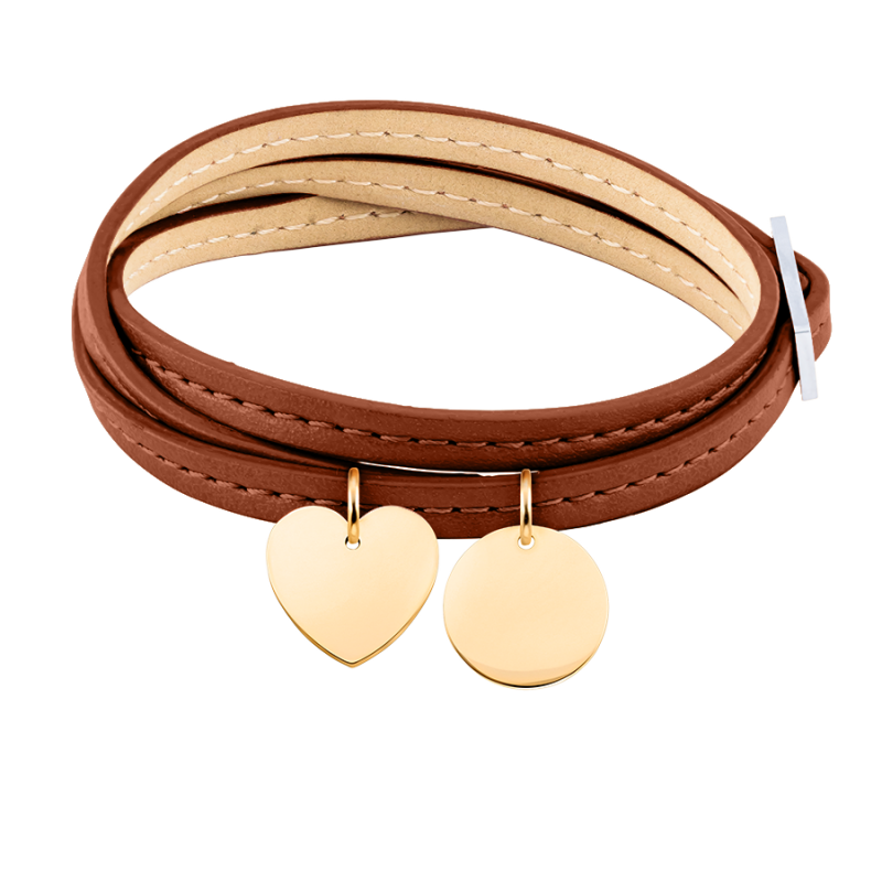 Personalised Heart & Circle Bracelet in Brown Leather - Gold - 62