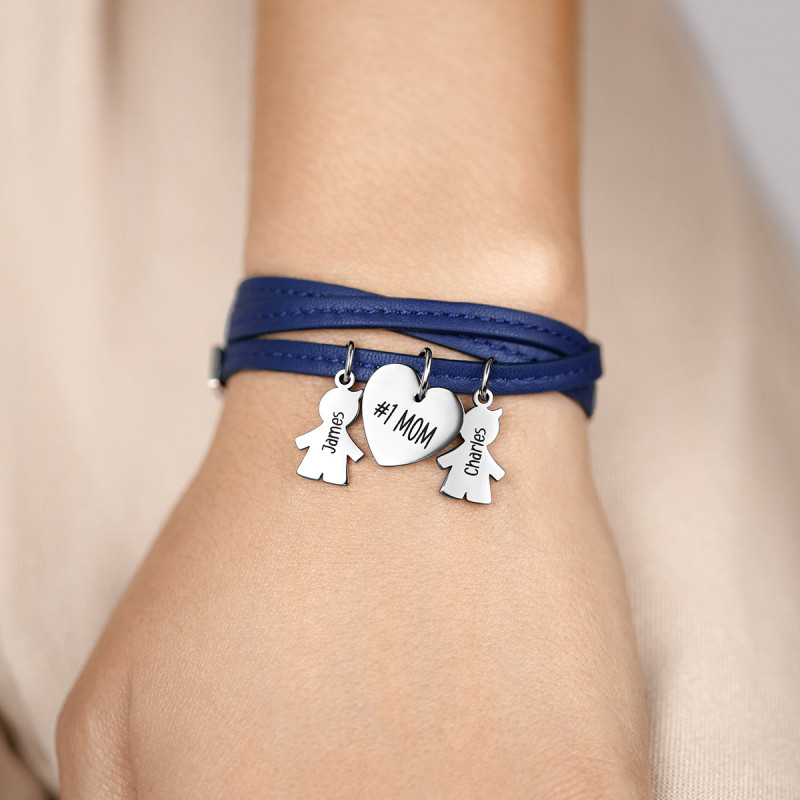 Personalised Multi-Sons Bracelet in Blue Leather