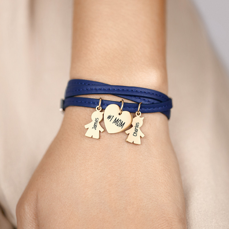 Personalised Multi-Sons Bracelet in Blue Leather - Gold - 62