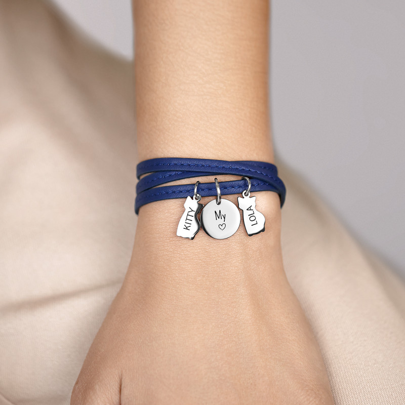 Personalised Multi-Cats Bracelet in Blue Leather