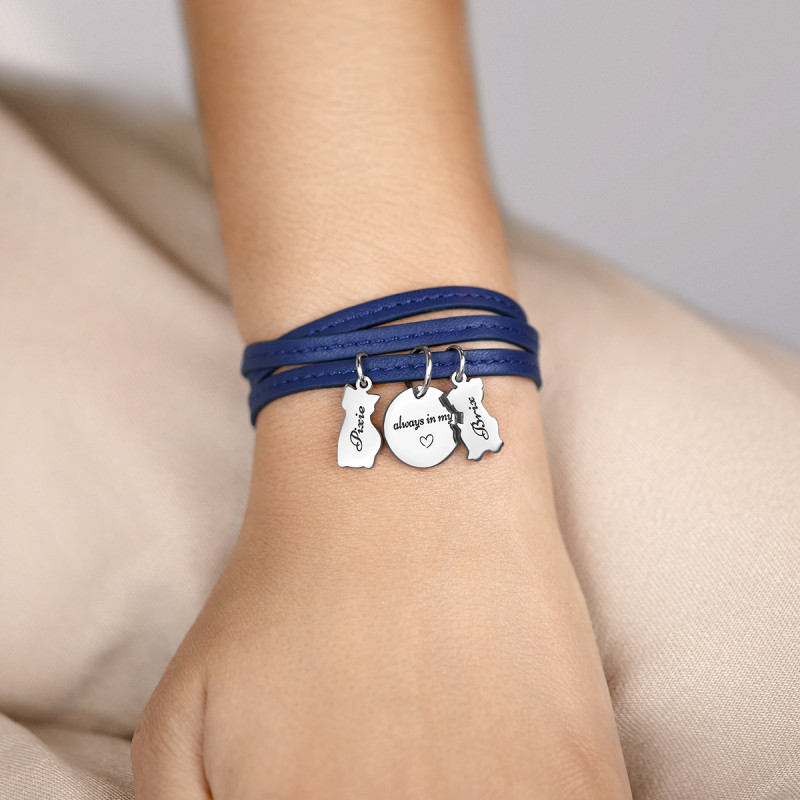 Personalised Cat & Dog Bracelet in Blue Leather