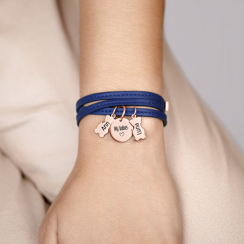 Personalised Multi-Dogs Bracelet in Blue Leather - Rosegold - 61