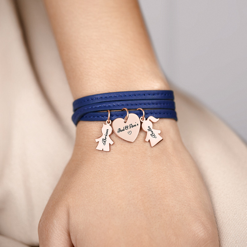 Personalised Son & Daughter Bracelet in Blue Leather - Rosegold - 61