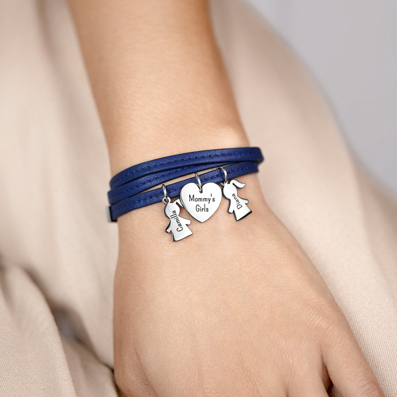 Personalised Multi-Daughters Bracelet in Blue Leather