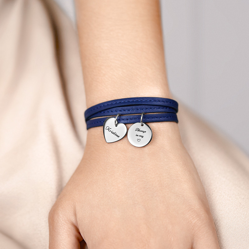 Personalised Heart & Circle Bracelet in Blue Leather