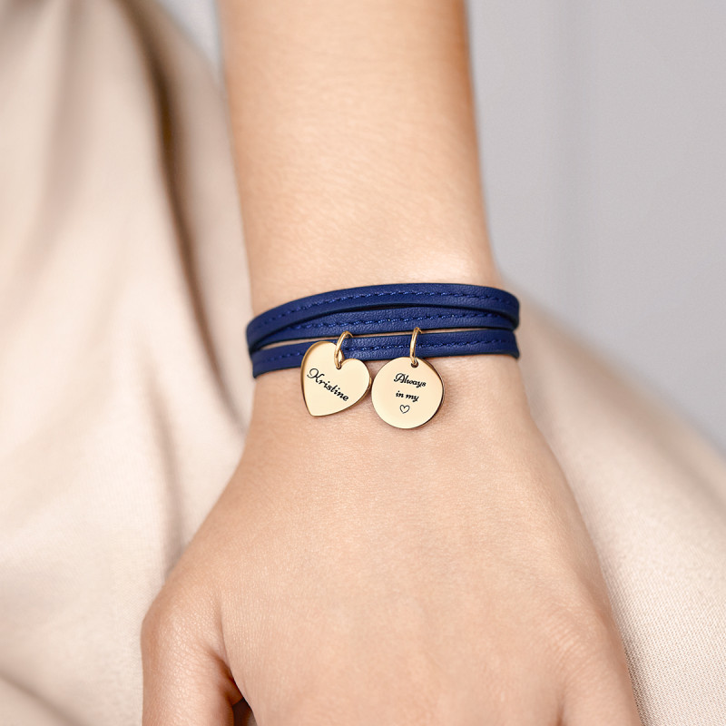 Personalised Heart & Circle Bracelet in Blue Leather - Gold - 62