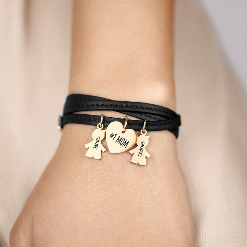 Personalised Multi-Sons Bracelet in Black Leather - Gold - 62