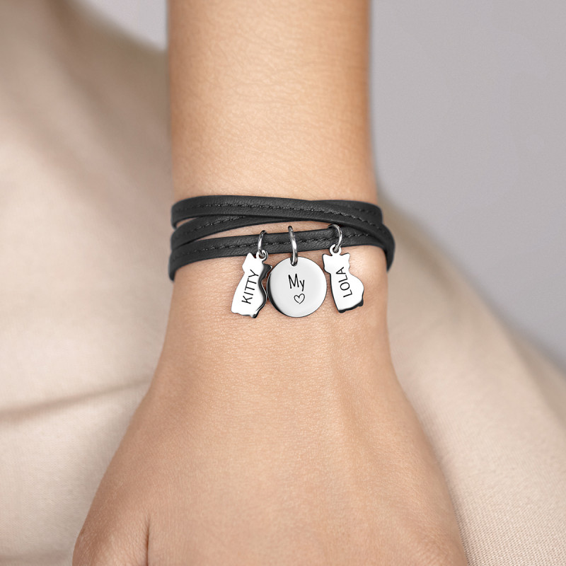 Personalised Multi-Cats Bracelet in Black Leather