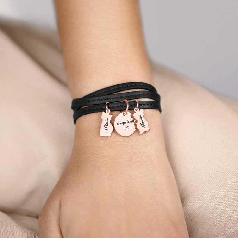 Personalised Dog and Cat Bracelet in Black Leather - Rosegold - 61