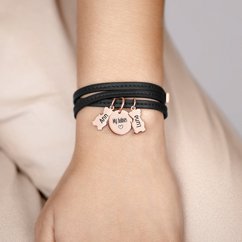 Personalised Multi-Dogs Bracelet in Black Leather - Rosegold - 61