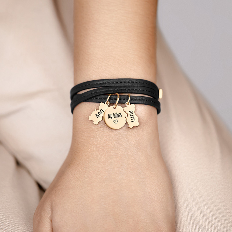 Personalised Multi-Dogs Bracelet in Black Leather - Gold - 62