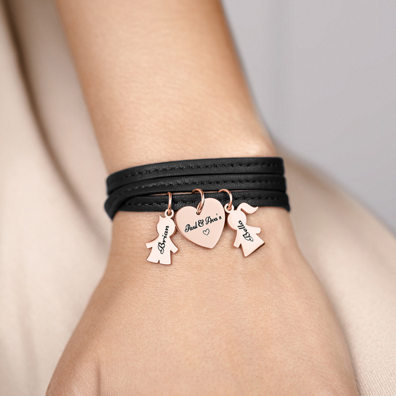 Personalised Son & Daughter Bracelet in Black Leather - Rosegold - 61