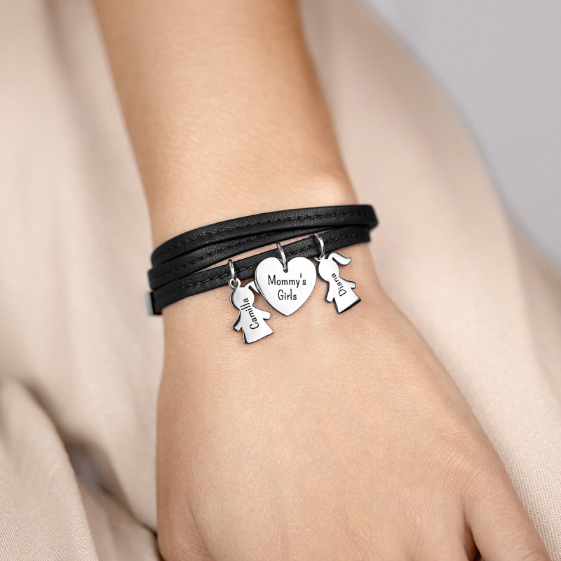 Personalised Multi-Daughters Bracelet in Black Leather