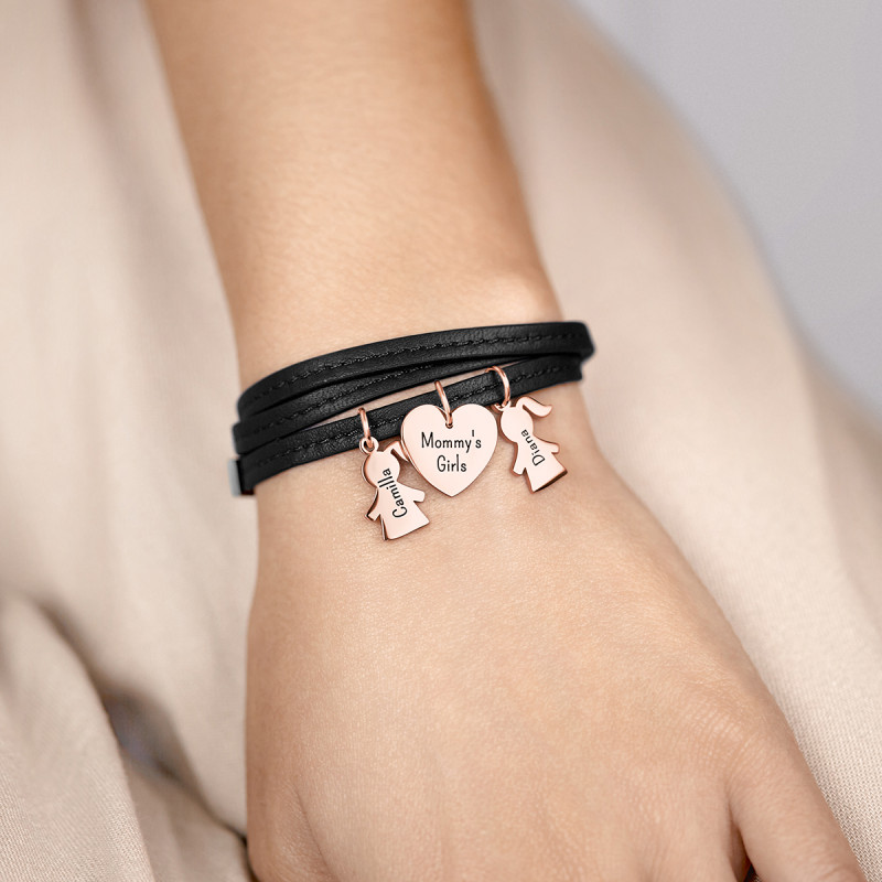 Personalised Multi-Daughters Bracelet in Black Leather - Rosegold - 61