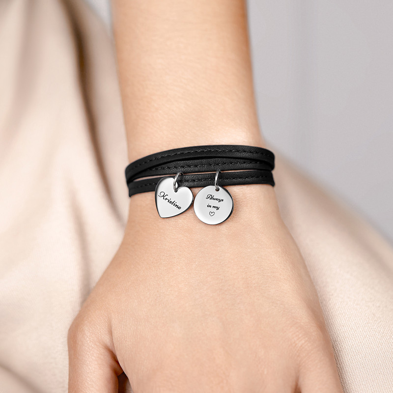 Personalised Heart & Circle Bracelet in Black Leather