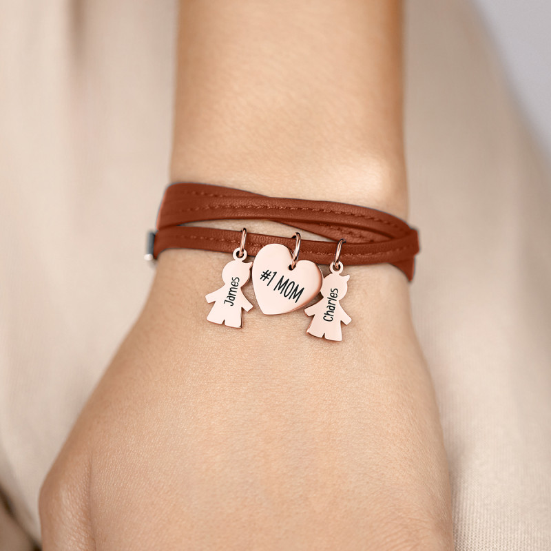 Personalised Multi-Sons Bracelet in Brown Leather - Rosegold - 61