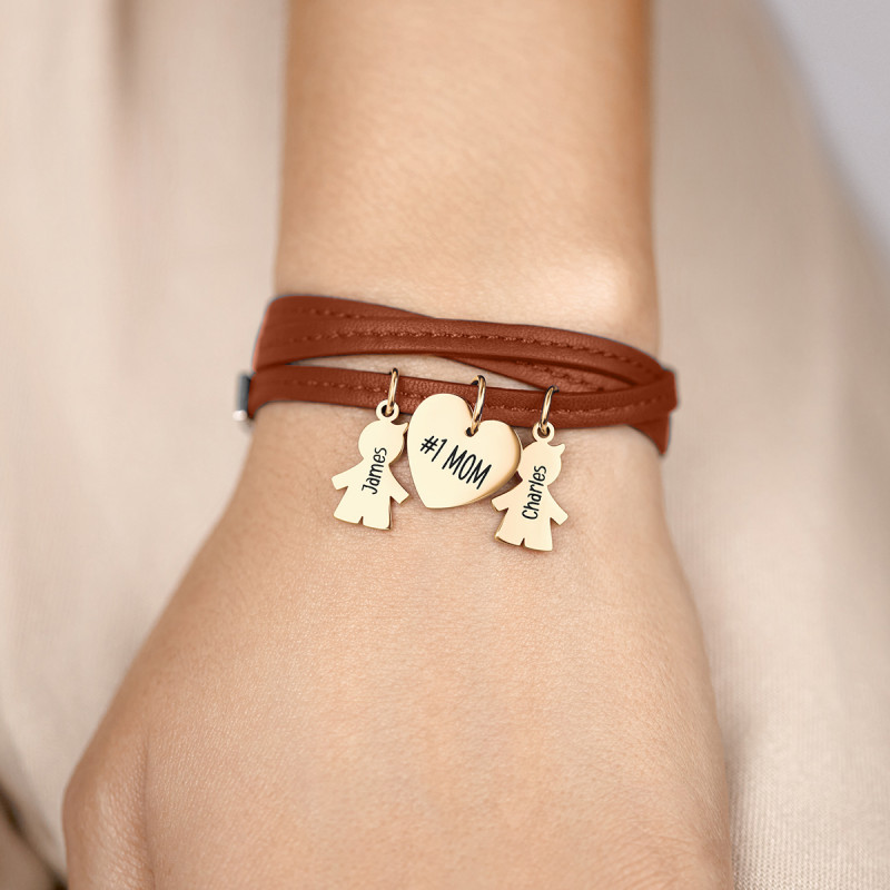 Personalised Multi-Sons Bracelet in Brown Leather - Gold - 62