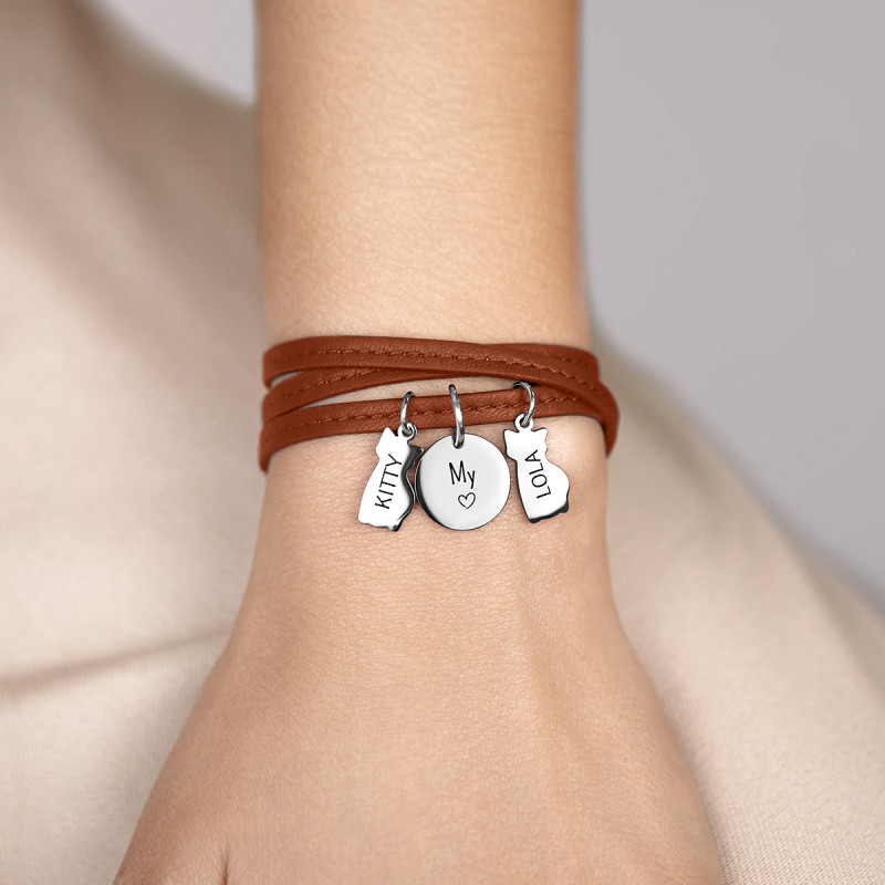 Personalised Multi-Cats Bracelet in Brown Leather